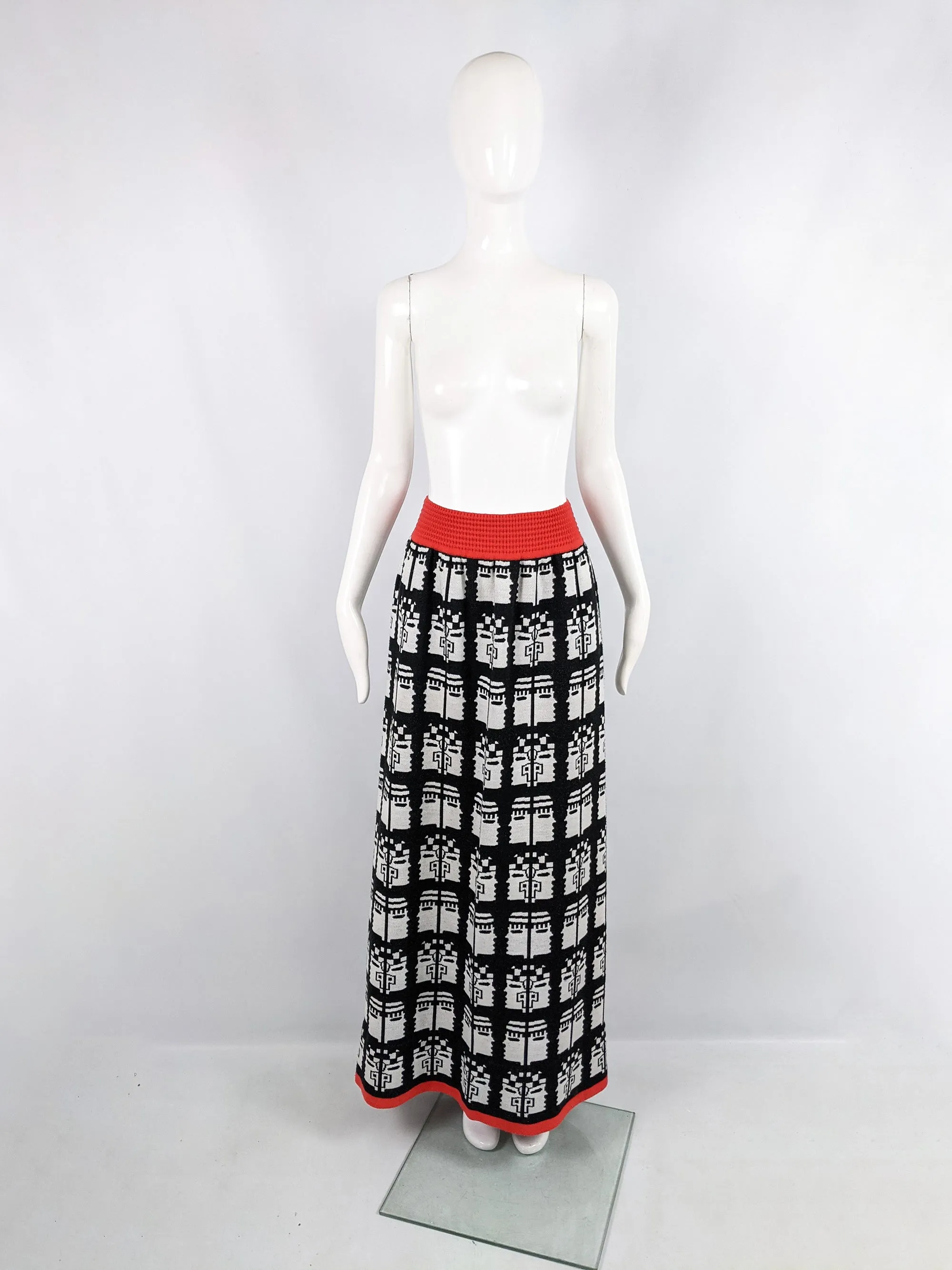 Vintage Aztec Intarsia Knit Maxi Skirt, 1970s