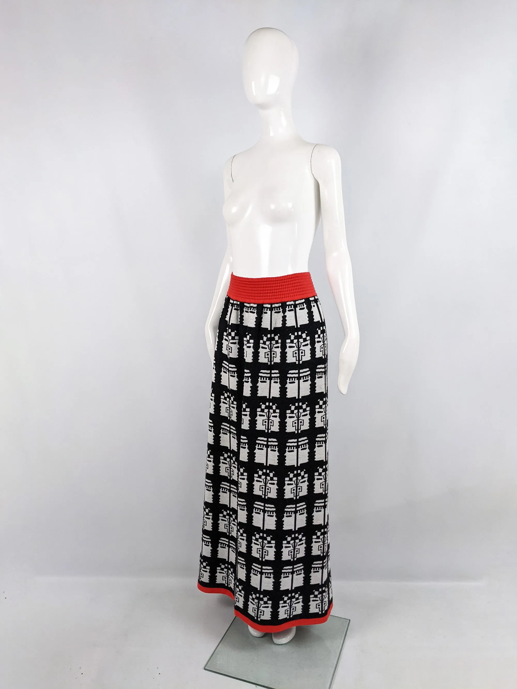 Vintage Aztec Intarsia Knit Maxi Skirt, 1970s