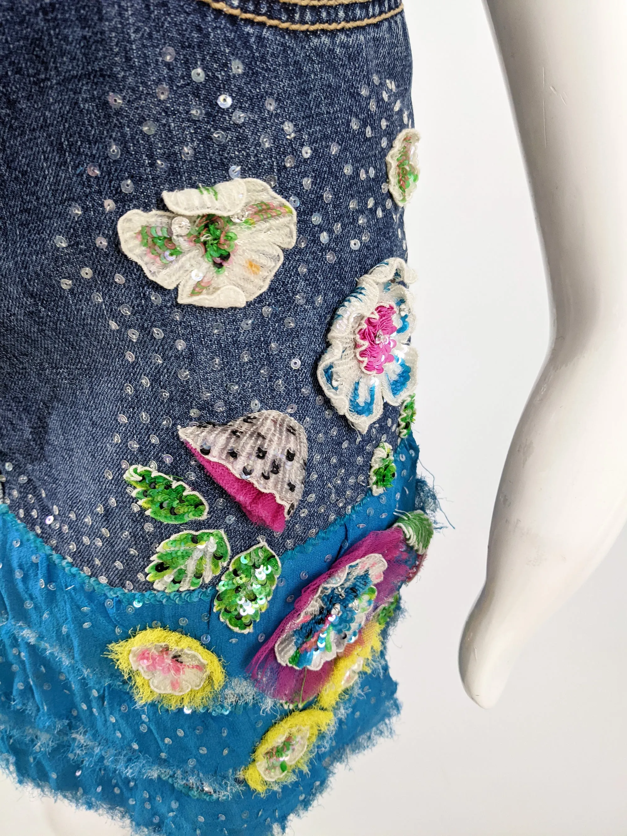 Vintage Floral Beaded y2k Denim & Chiffon Skirt, 2000s