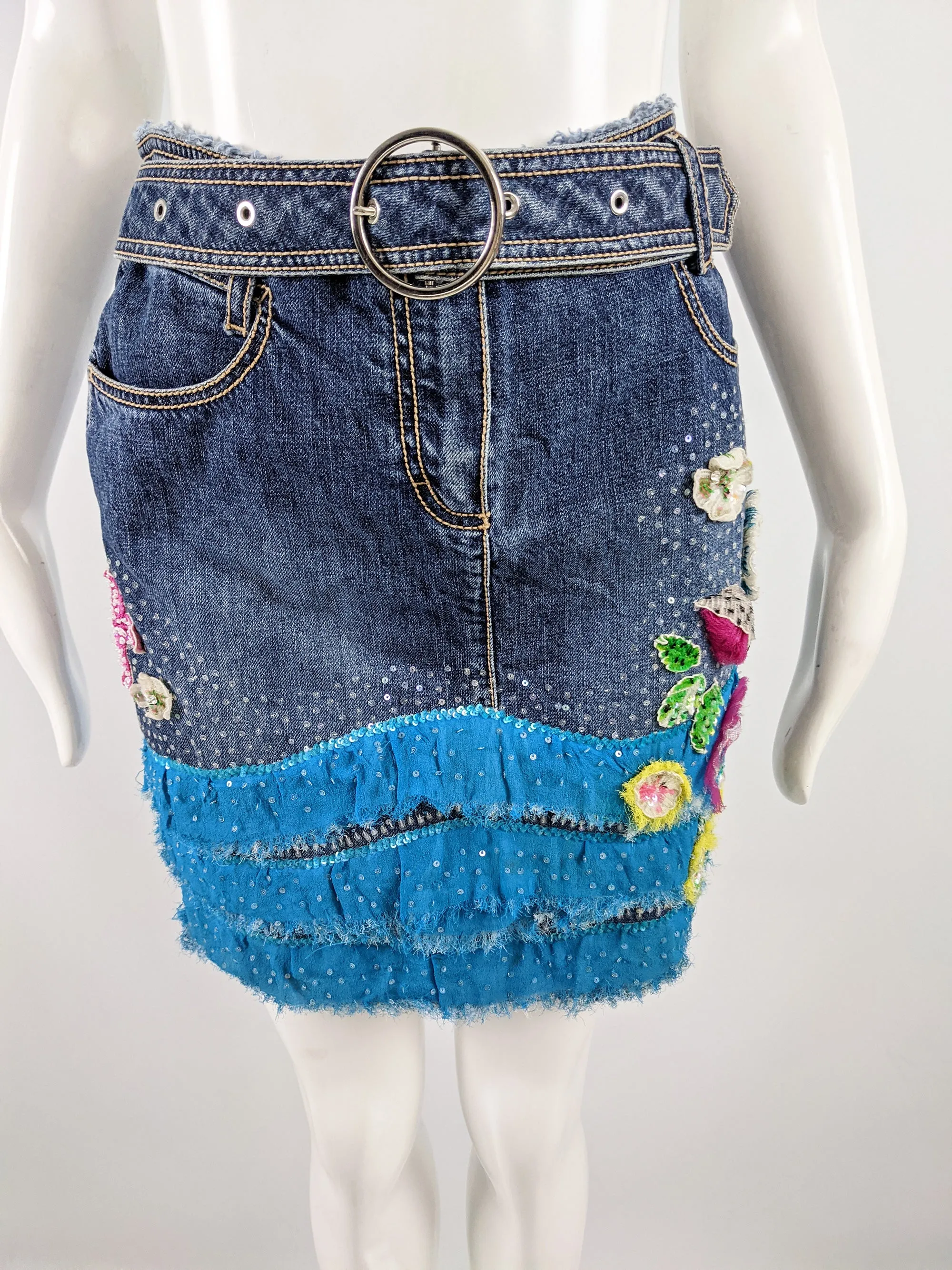 Vintage Floral Beaded y2k Denim & Chiffon Skirt, 2000s