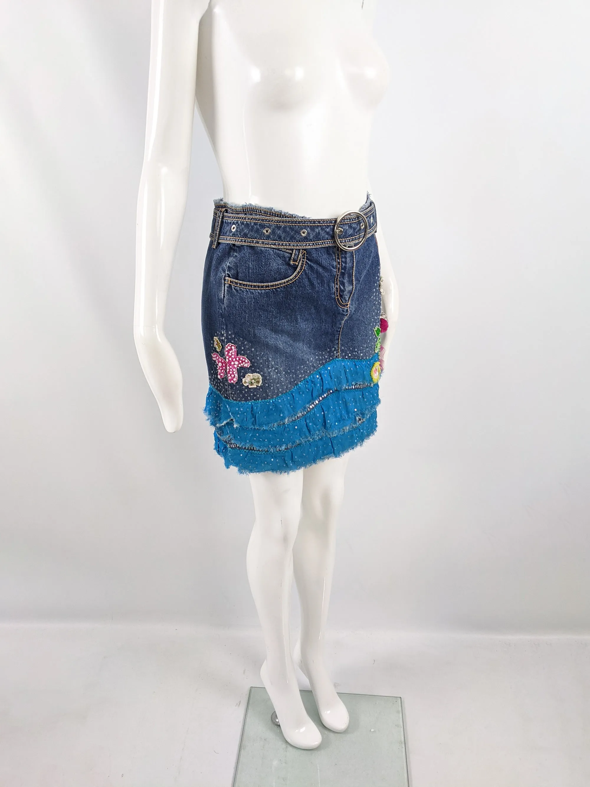 Vintage Floral Beaded y2k Denim & Chiffon Skirt, 2000s