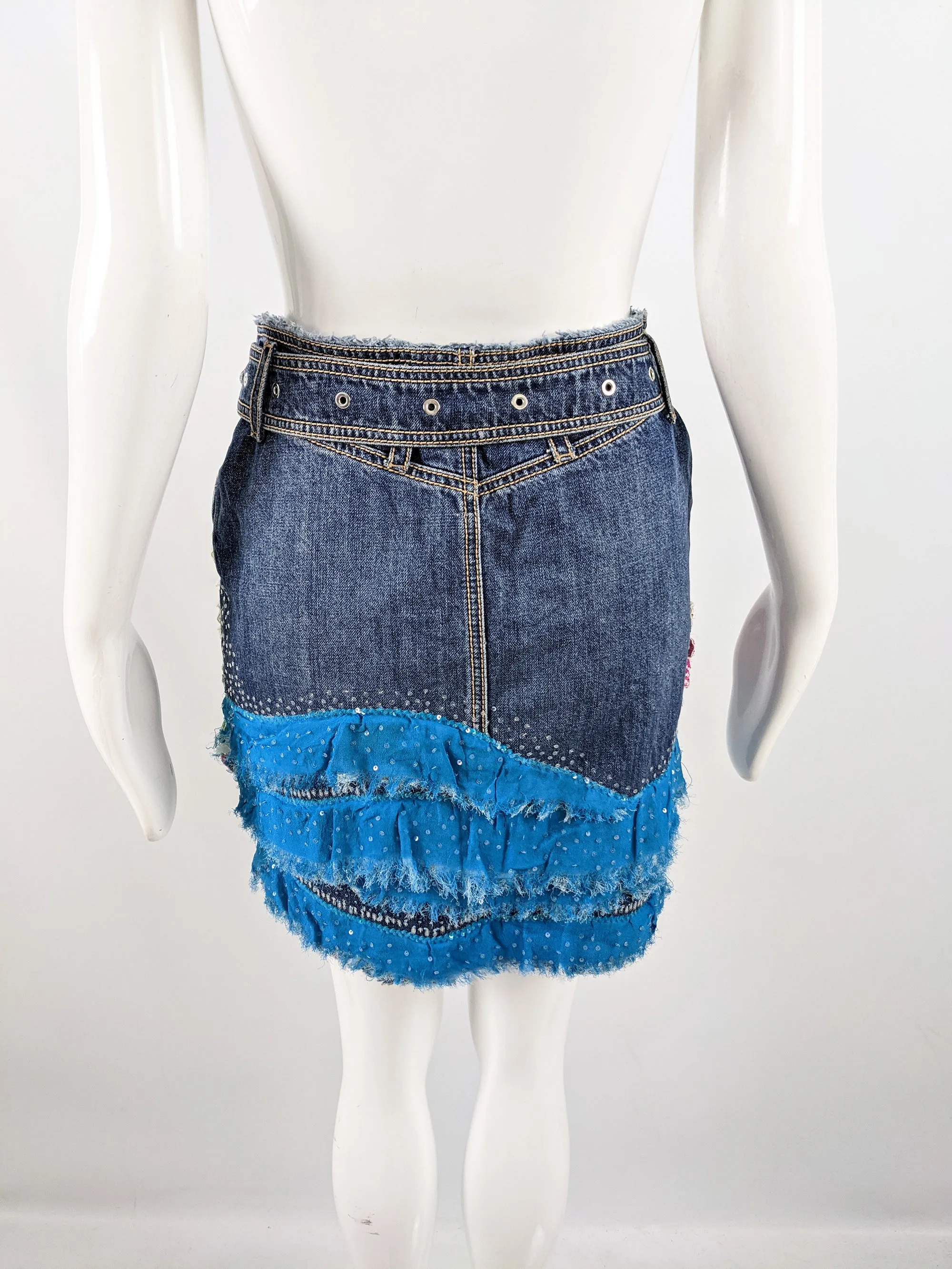 Vintage Floral Beaded y2k Denim & Chiffon Skirt, 2000s