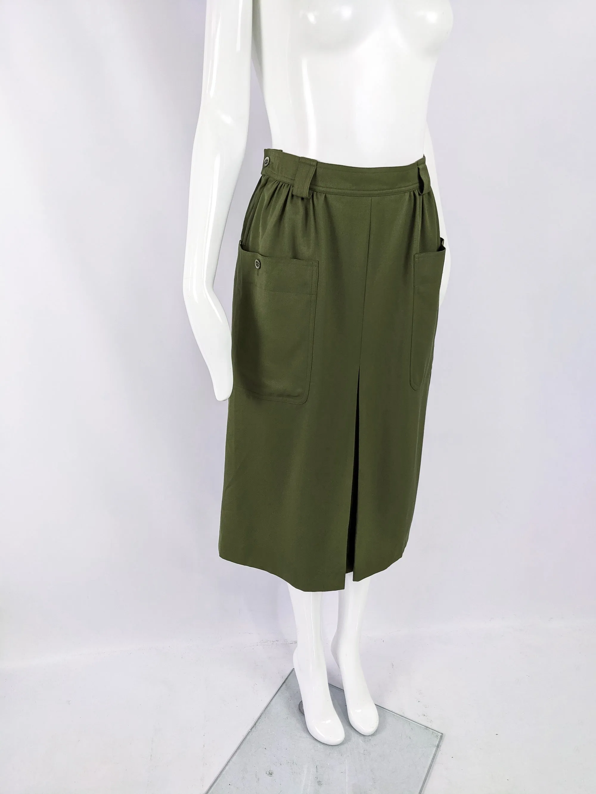 Vintage Womens Green Wool Gabardine Skirt, 1990s