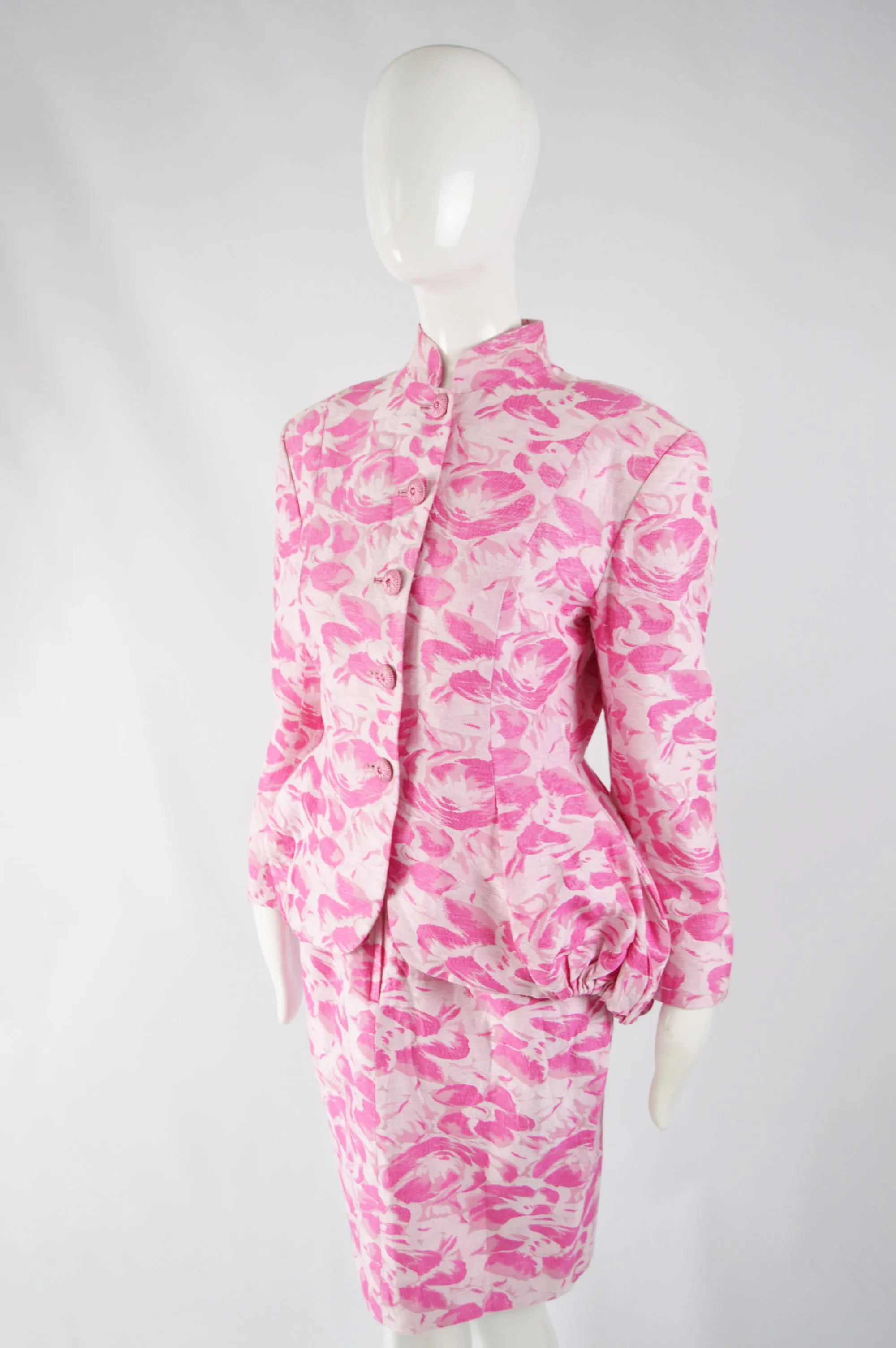 Vintage Womens Pink Floral Bustle Skirt Suit, 1980s