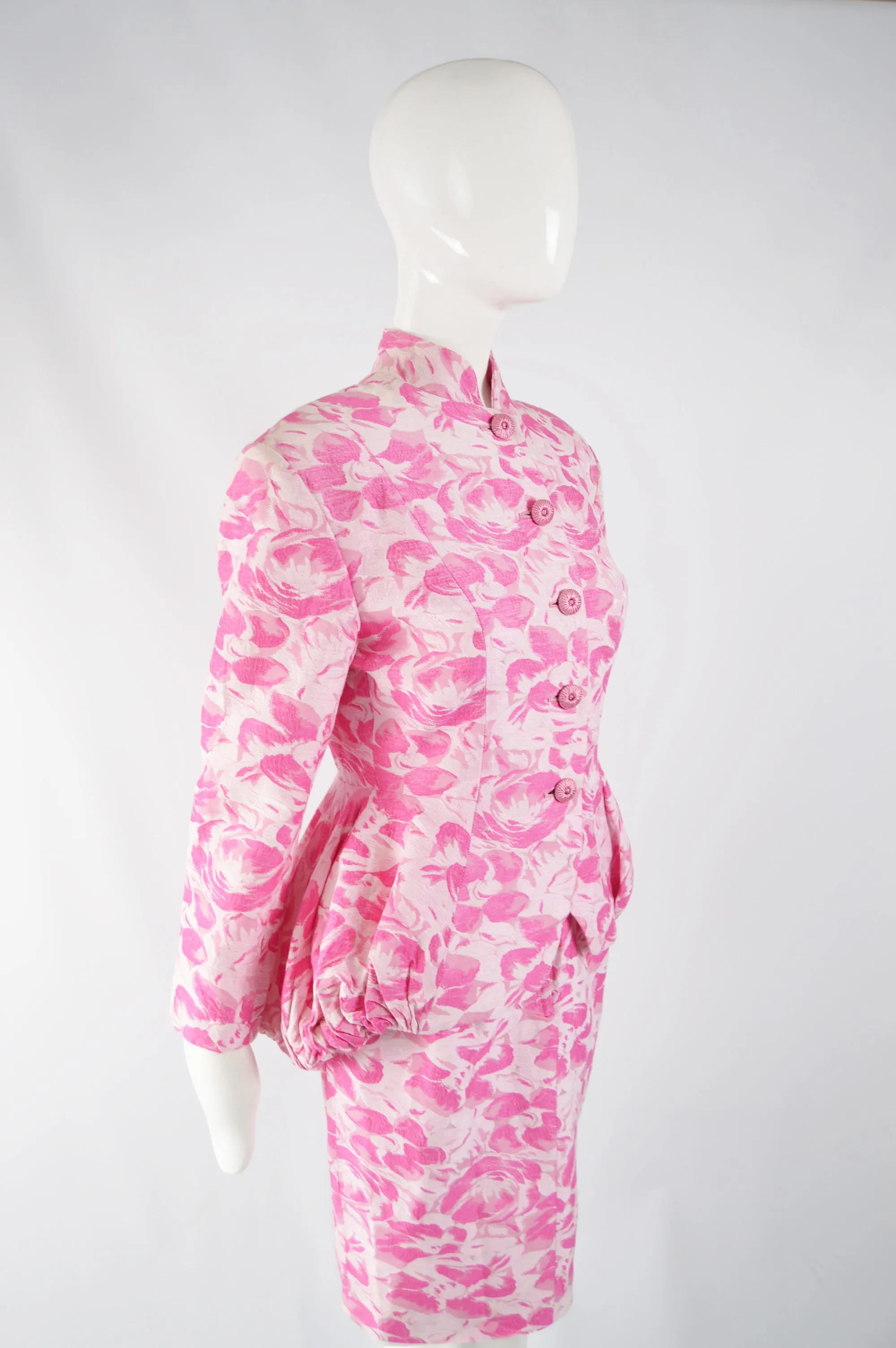 Vintage Womens Pink Floral Bustle Skirt Suit, 1980s