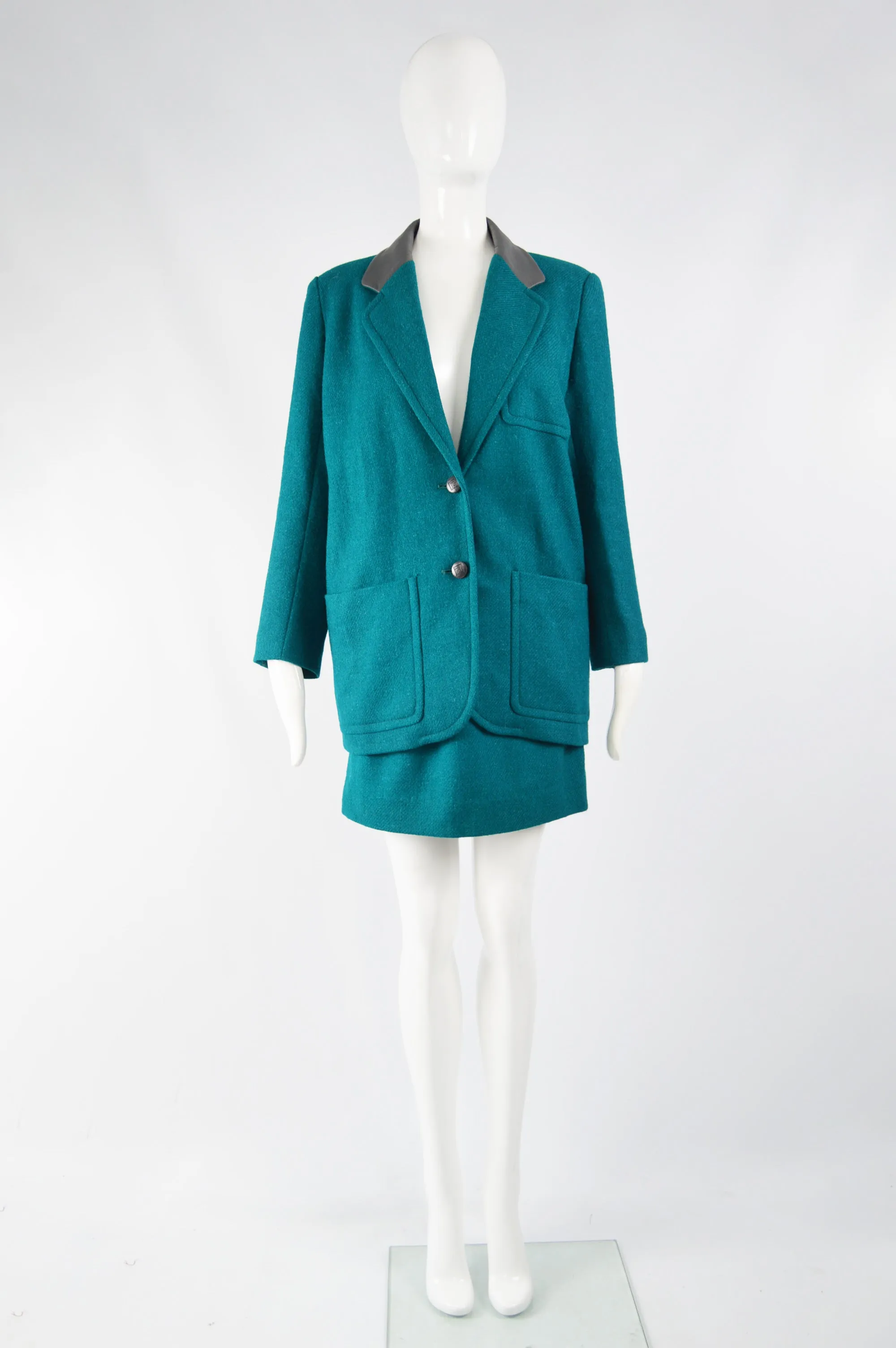 Vintage Womens Teal Wool & Leather Skirt Suit, 1980s