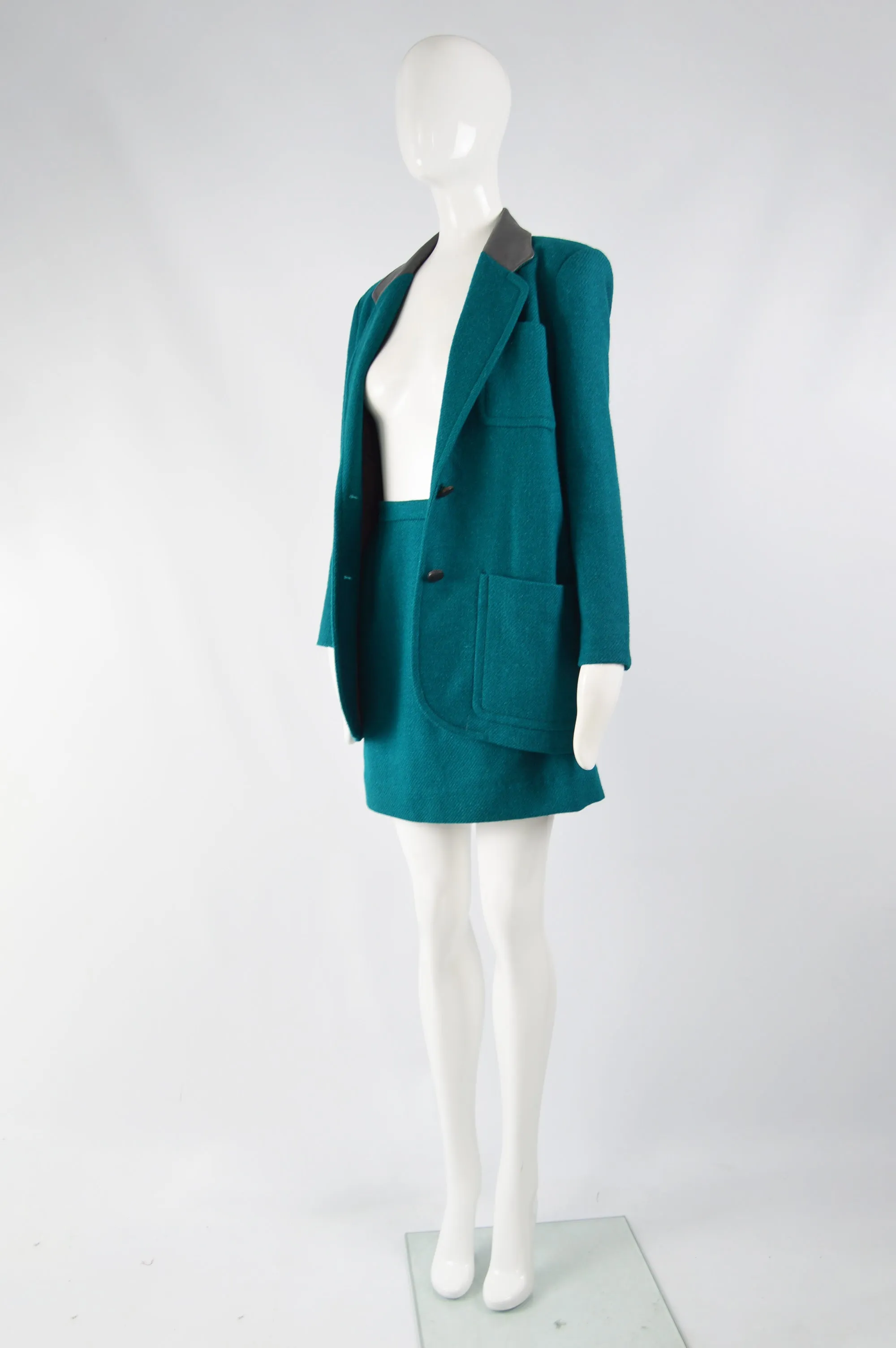 Vintage Womens Teal Wool & Leather Skirt Suit, 1980s