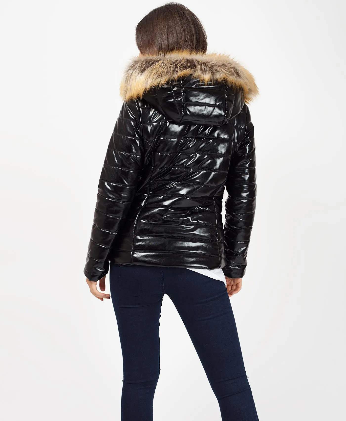 Wet Look Faux Fur Hood Quilted Puffer Jacket