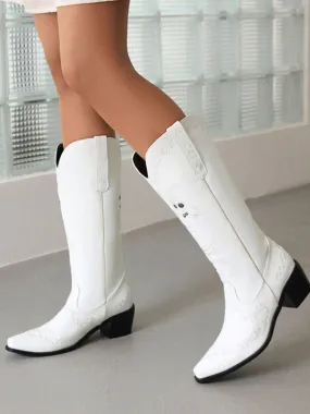 White Cowboy Boots Pointed Toe Puppy Heel Mid Calf Boots For Women