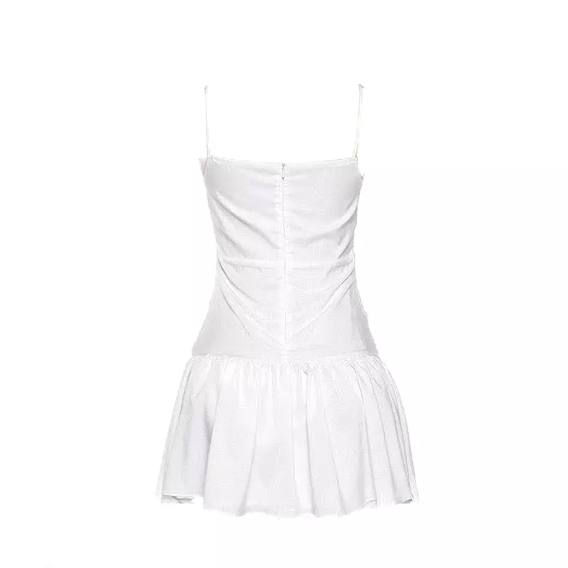 White Ruched Waist Flared Skirt Short Dress