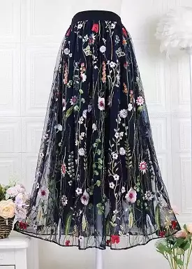 Women Black Embroidered High Waist Tulle Skirts Spring HA1015