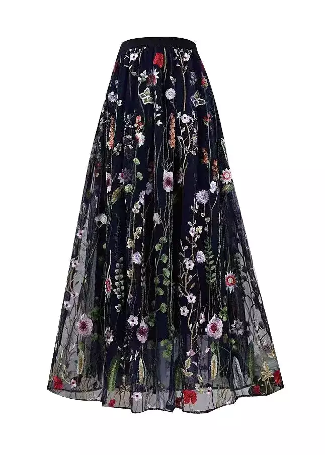 Women Black Embroidered High Waist Tulle Skirts Spring HA1015