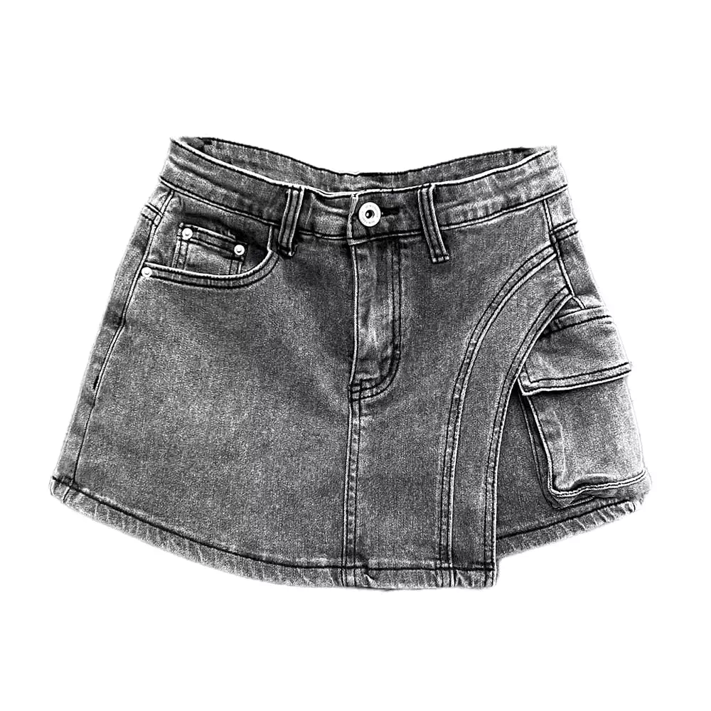 Women Denim Skirt Wash Grey Irregular Big Pockets Cargo High Waist Short A-line Mini Skirt 2023 Autumn New Fashion 29L2652