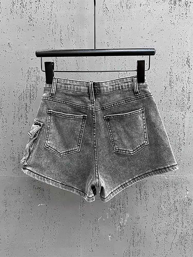 Women Denim Skirt Wash Grey Irregular Big Pockets Cargo High Waist Short A-line Mini Skirt 2023 Autumn New Fashion 29L2652