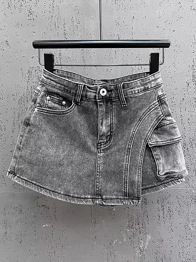 Women Denim Skirt Wash Grey Irregular Big Pockets Cargo High Waist Short A-line Mini Skirt 2023 Autumn New Fashion 29L2652