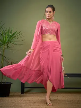 Women Pink Crop Top With Dhoti Skirt & Shrug