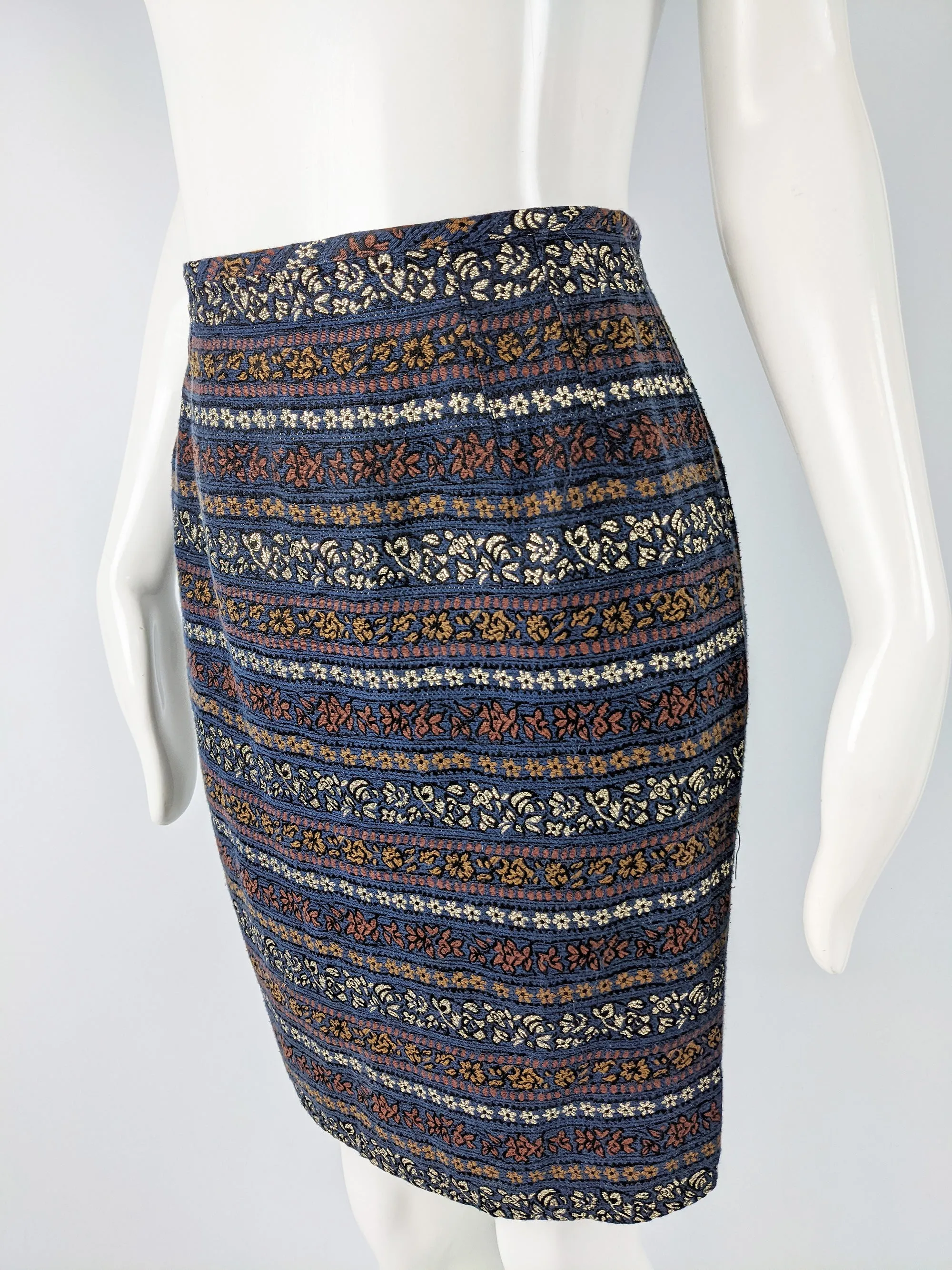 Womens Blue Vintage Brocade Pencil Skirt, 1980s