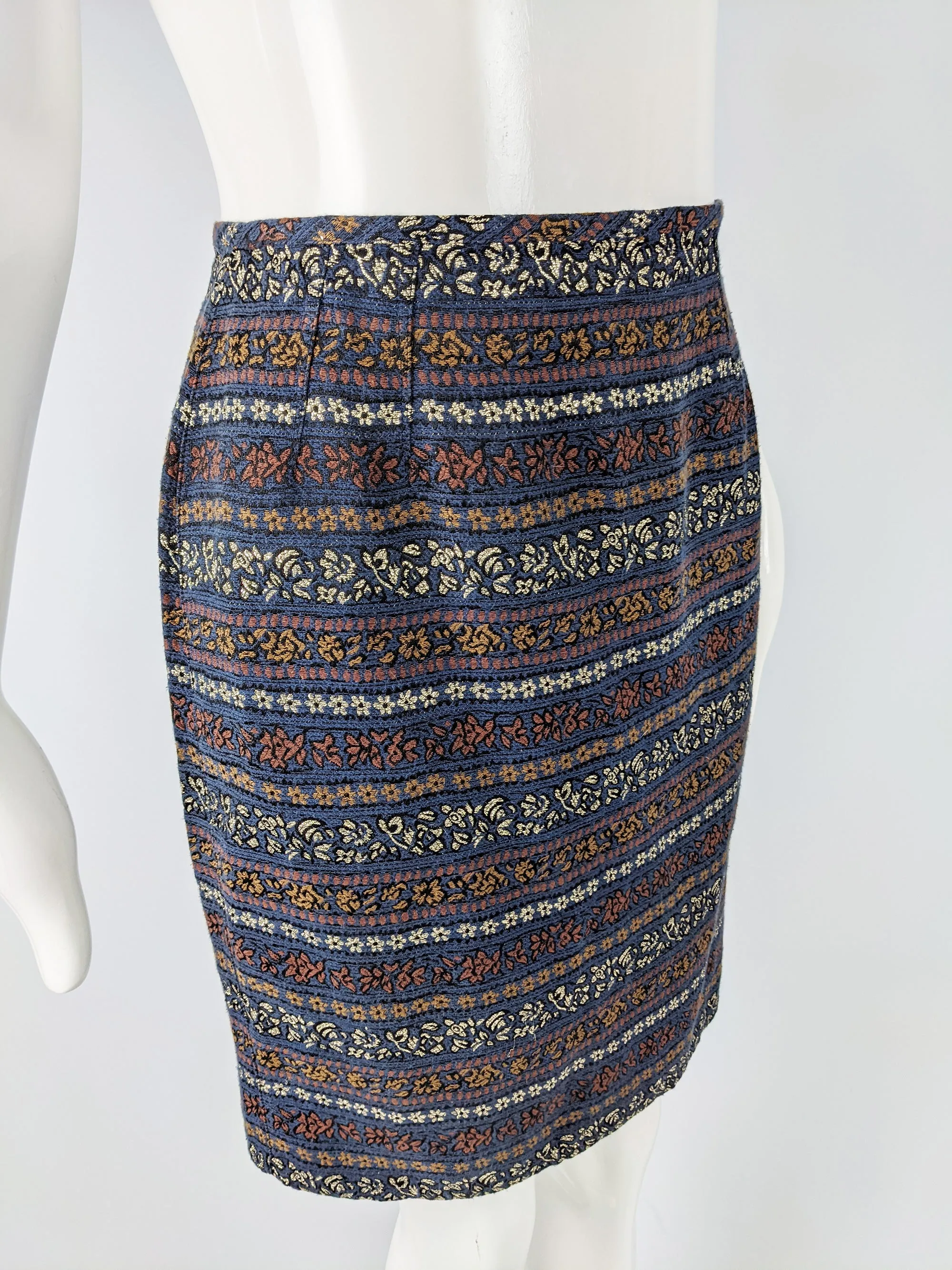 Womens Blue Vintage Brocade Pencil Skirt, 1980s