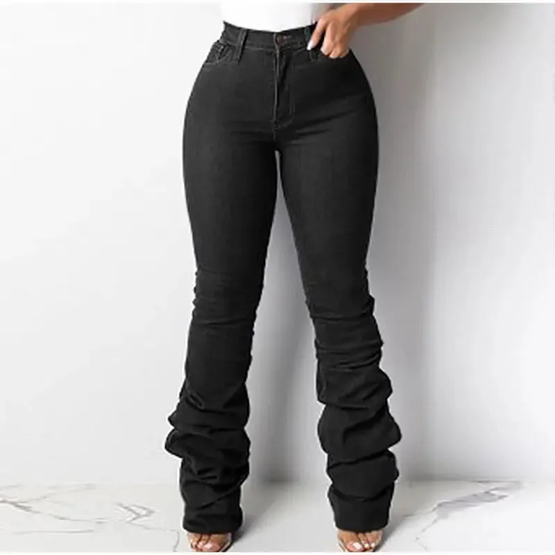 Women's Europe Style Vintage Sexy Denim Streetwear Stacked Flare Pants