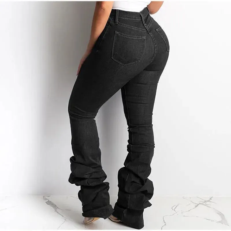 Women's Europe Style Vintage Sexy Denim Streetwear Stacked Flare Pants