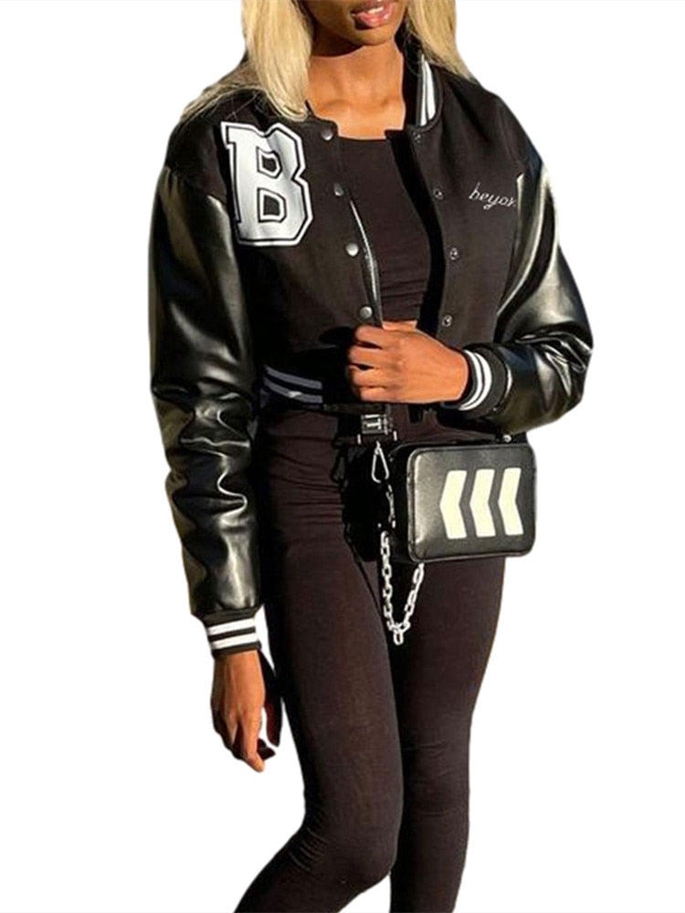 Womens Letters Baseball Jacket Autumn Hip Hop Short Varsity Jackets