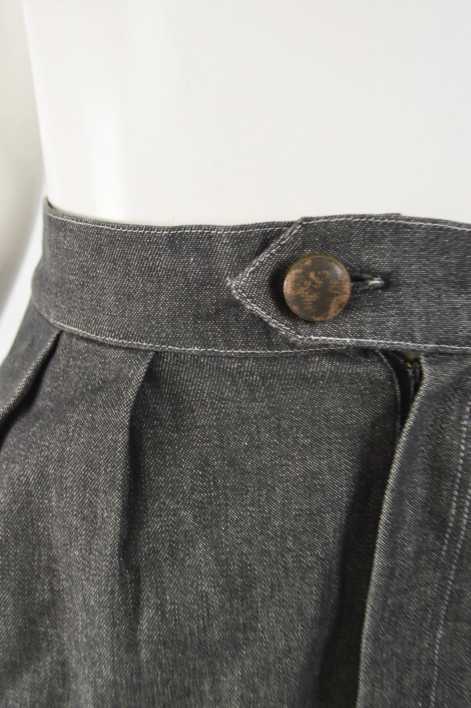 Womens Vintage Grey Denim & Grosgrain Skirt, 1980s