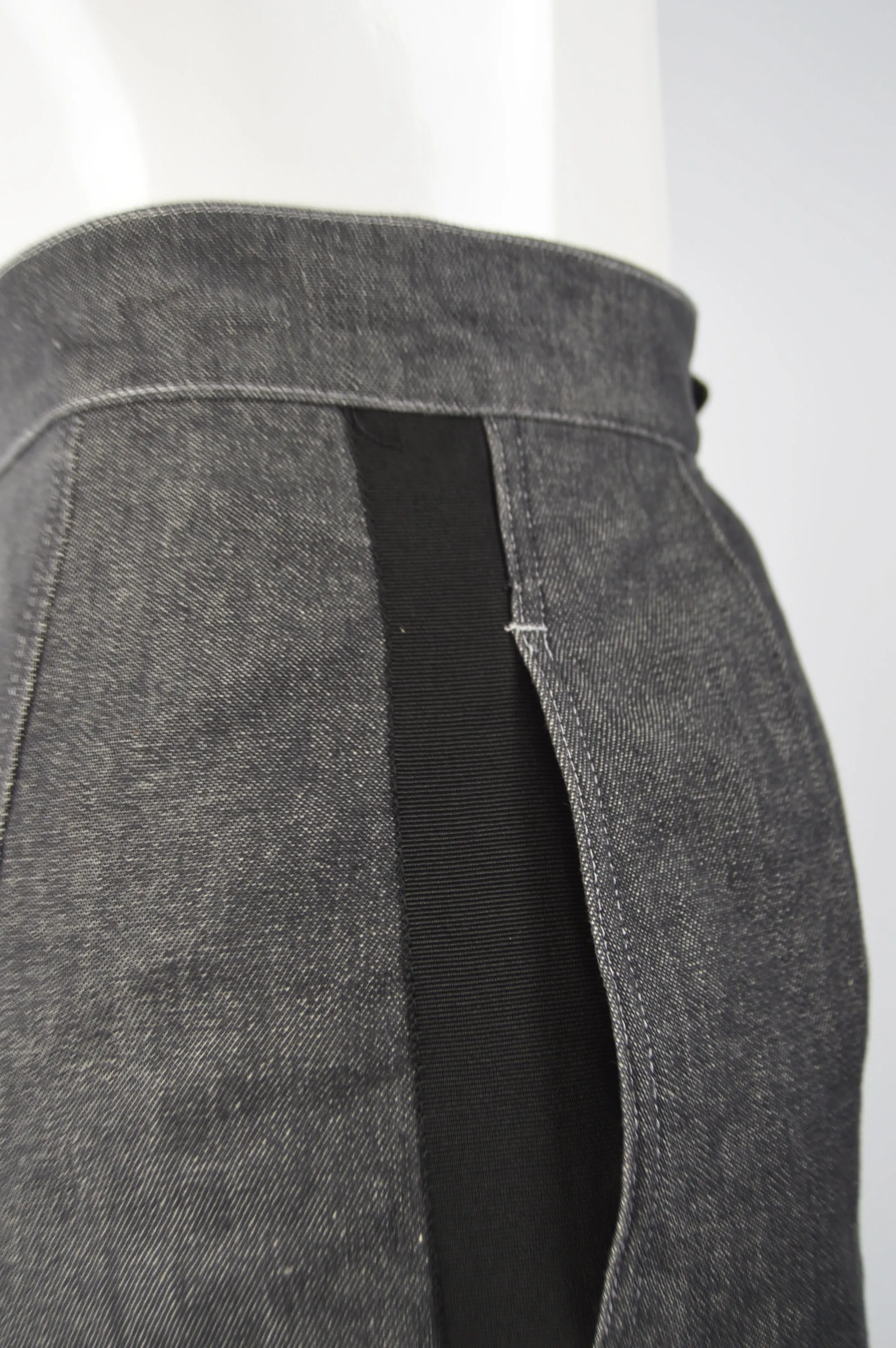 Womens Vintage Grey Denim & Grosgrain Skirt, 1980s