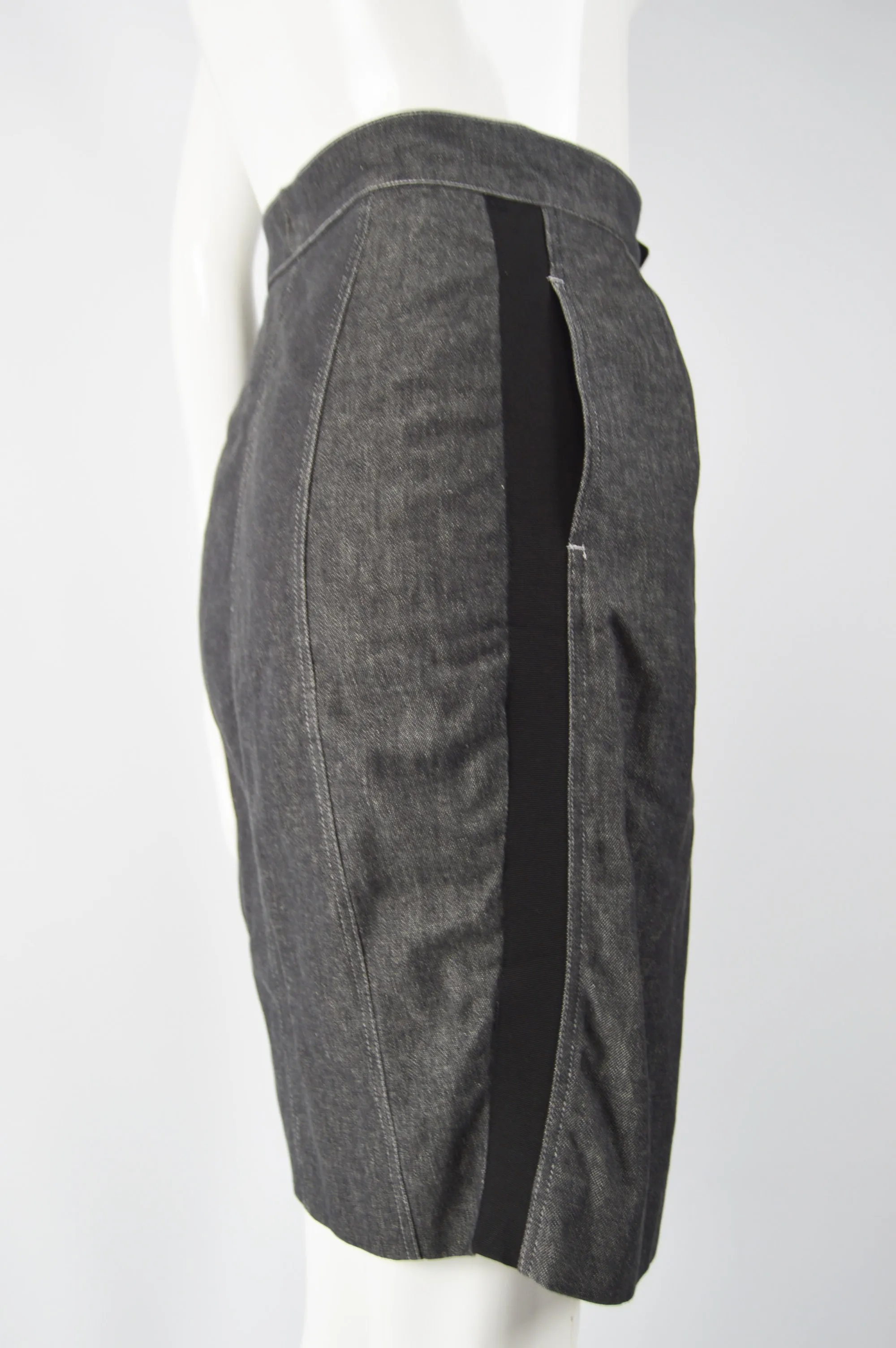 Womens Vintage Grey Denim & Grosgrain Skirt, 1980s