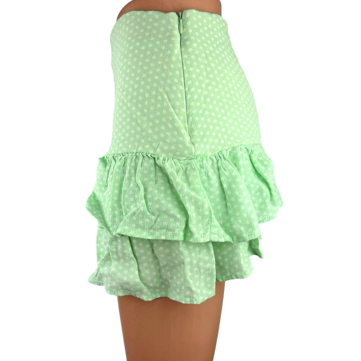 Zara Women Green Polka Dot Ruffle Hem Zipper Casual A-line Mini Skirt Skort Sz S