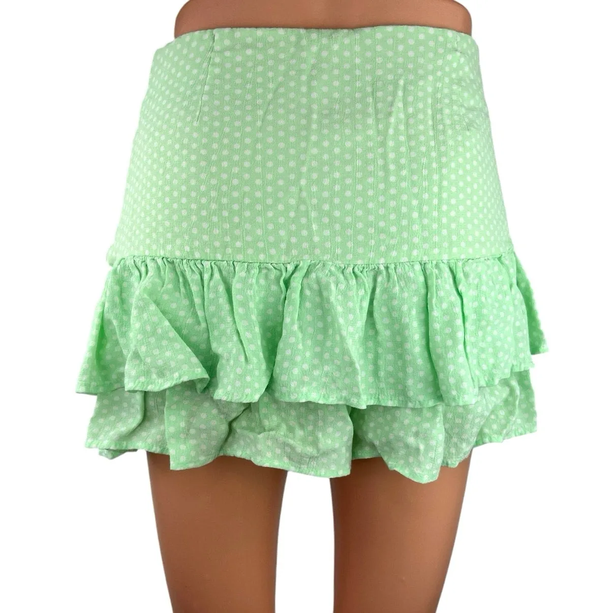 Zara Women Green Polka Dot Ruffle Hem Zipper Casual A-line Mini Skirt Skort Sz S